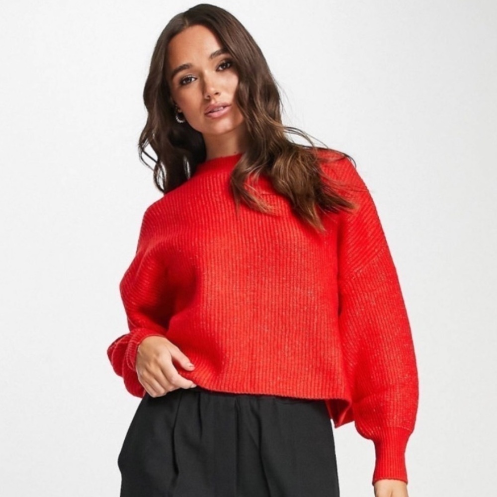Mango Oversized Chunky Rib Knit Sweater with Balloon Sleeves Orange Size Small